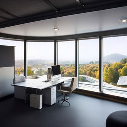 A modern office cabin with sleek furniture, minimalist design aesthetic, large windows allowing plenty of natural light, and high-tech gadgets.