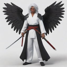 Generate a full body anime-styled image of a male character with brown skin, bright red eyes, long white curly hair. He has two black wings and is equipped with three katanas on his waist.