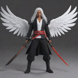 Generate a full body anime-styled image of a male character with brown skin, bright red eyes, long white curly hair. He has two black wings and is equipped with three katanas on his waist.