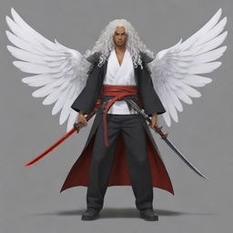 Generate a full body anime-styled image of a male character with brown skin, bright red eyes, long white curly hair. He has two black wings and is equipped with three katanas on his waist.