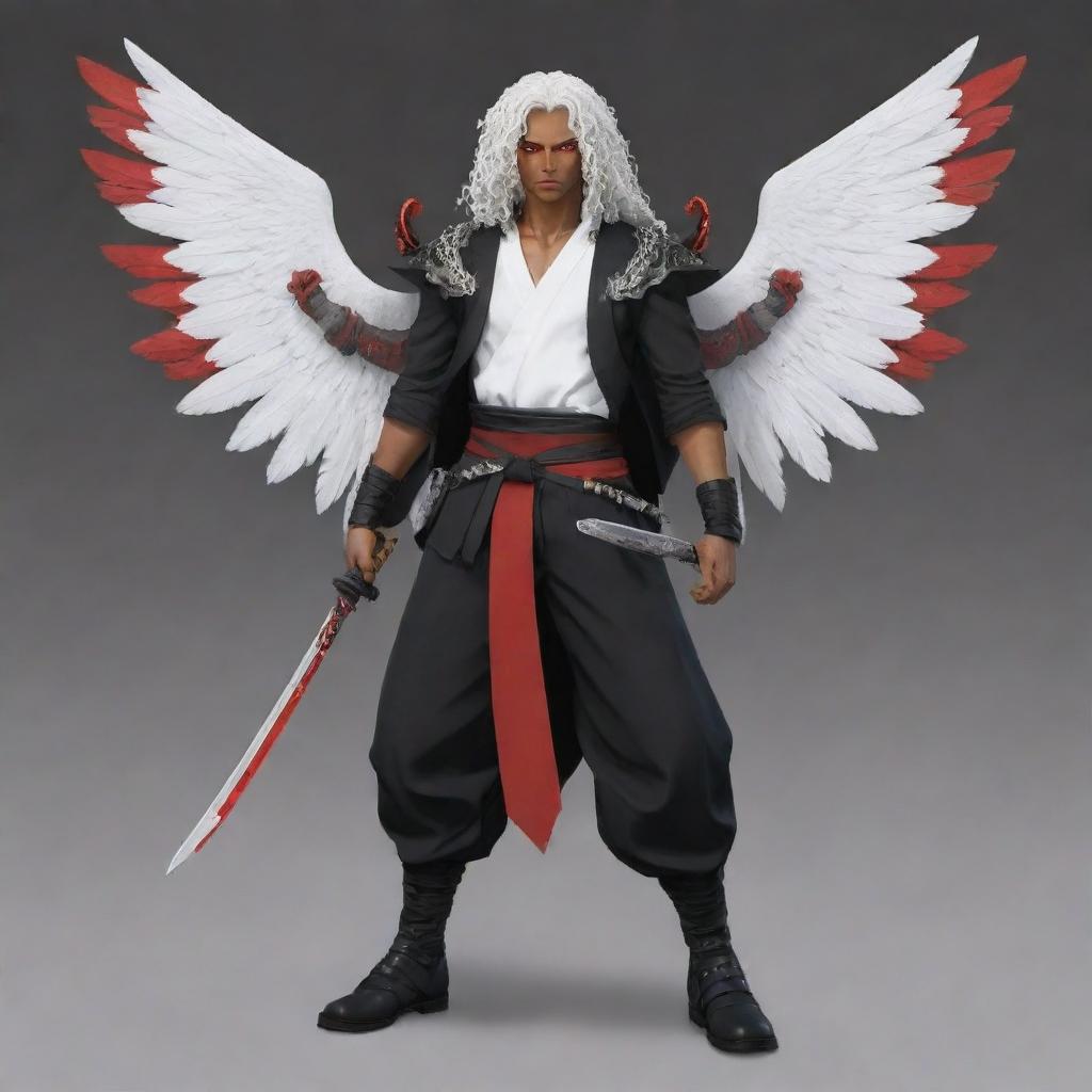 Generate a full body anime-styled image of a male character with brown skin, bright red eyes, long white curly hair. He has two black wings and is equipped with three katanas on his waist.