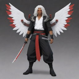 Generate a full body anime-styled image of a male character with brown skin, bright red eyes, long white curly hair. He has two black wings and is equipped with three katanas on his waist.