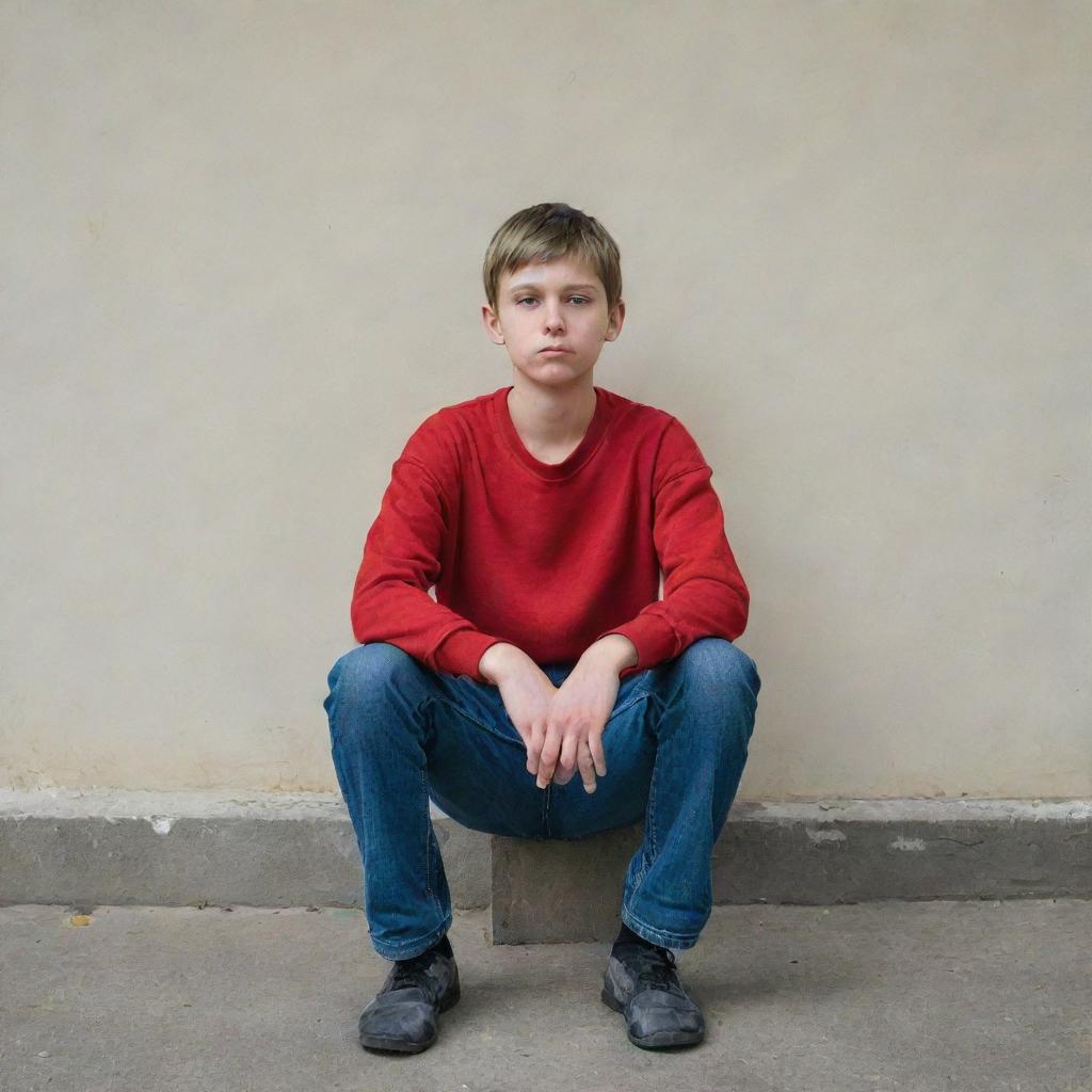 Generate an image of a thin young boy, sitting alone dejectedly.