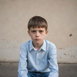 Generate an image of a thin young boy, sitting alone dejectedly.