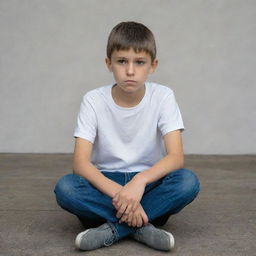 Generate an image of a thin young boy, sitting alone dejectedly.