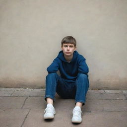 Generate an image of a thin young boy, sitting alone dejectedly.