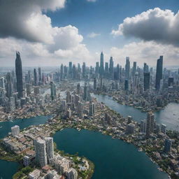 A sprawling cityscape with skyscrapers, buildings, and houses hanging from vast, oversized floating islands against a dramatic sky