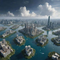 A sprawling cityscape with skyscrapers, buildings, and houses hanging from vast, oversized floating islands against a dramatic sky