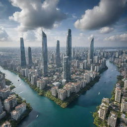 A sprawling cityscape with skyscrapers, buildings, and houses hanging from vast, oversized floating islands against a dramatic sky