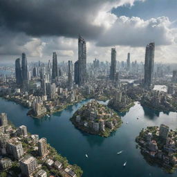 A sprawling cityscape with skyscrapers, buildings, and houses hanging from vast, oversized floating islands against a dramatic sky