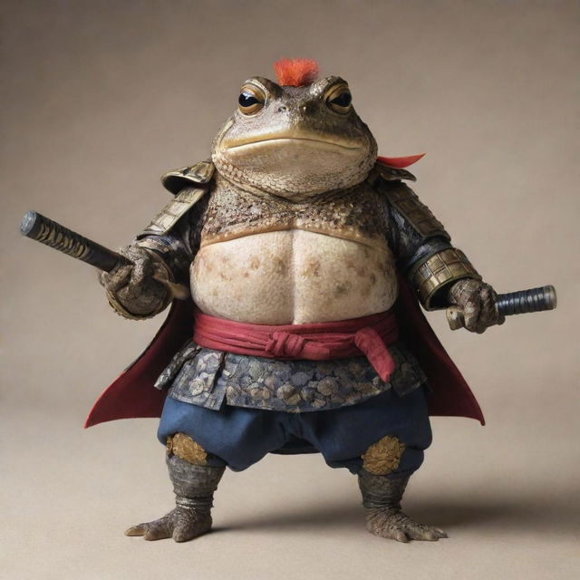 A toad with the noble demeanor of a one-eyed samurai, dressed in traditional Japanese armor, holding a katana in its amphibious hands.