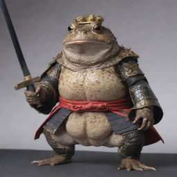 A toad with the noble demeanor of a one-eyed samurai, dressed in traditional Japanese armor, holding a katana in its amphibious hands.