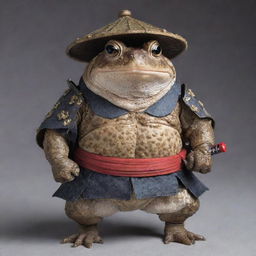 A toad with the noble demeanor of a one-eyed samurai, dressed in traditional Japanese armor, holding a katana in its amphibious hands.