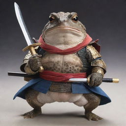 A toad with the noble demeanor of a one-eyed samurai, dressed in traditional Japanese armor, holding a katana in its amphibious hands.