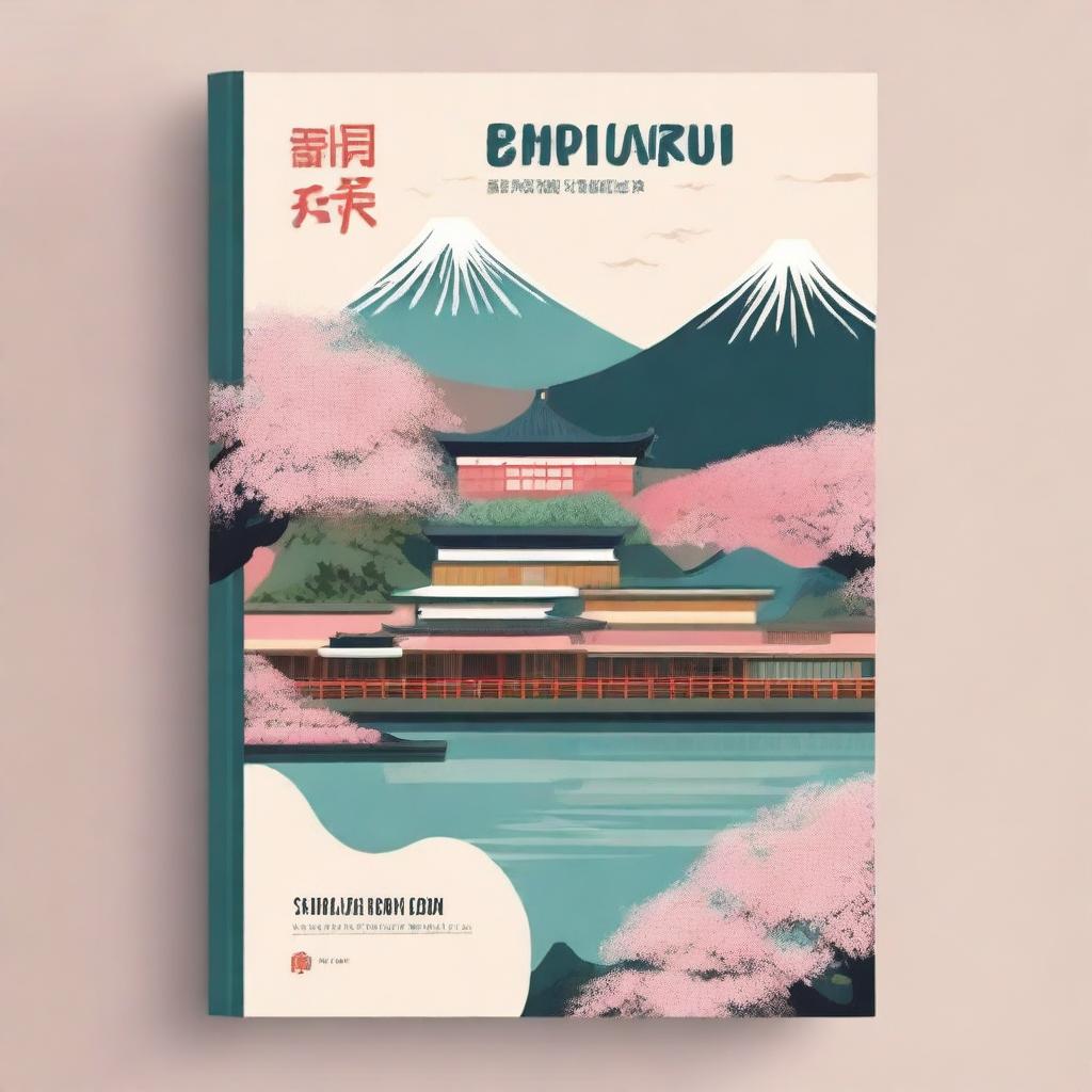 Design a beginner level Japanese language book cover featuring Shinjuku crossroads, sushi, sakura blossoms, Mt