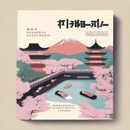 Design a beginner level Japanese language book cover featuring Shinjuku crossroads, sushi, sakura blossoms, Mt