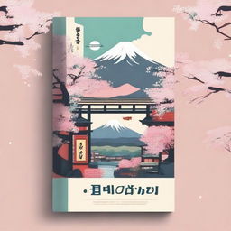 Design a beginner level Japanese language book cover featuring Shinjuku crossroads, sushi, sakura blossoms, Mt