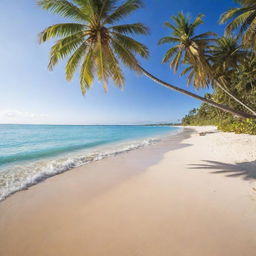 A serene and picturesque beach scene with golden sand, crystalline blue waters, bright sunshine, and swaying palm trees.