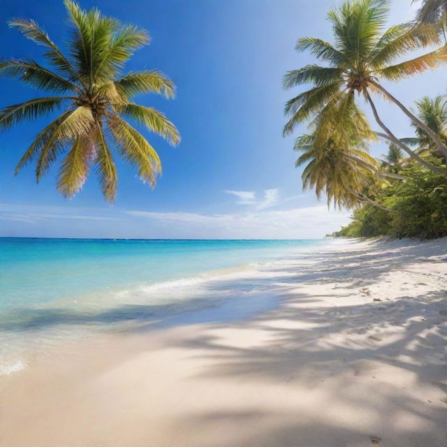 A serene and picturesque beach scene with golden sand, crystalline blue waters, bright sunshine, and swaying palm trees.