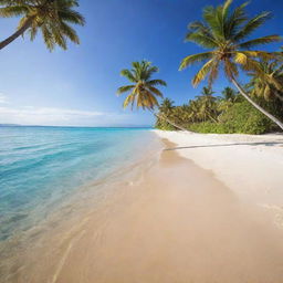 A serene and picturesque beach scene with golden sand, crystalline blue waters, bright sunshine, and swaying palm trees.