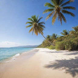 A serene and picturesque beach scene with golden sand, crystalline blue waters, bright sunshine, and swaying palm trees.