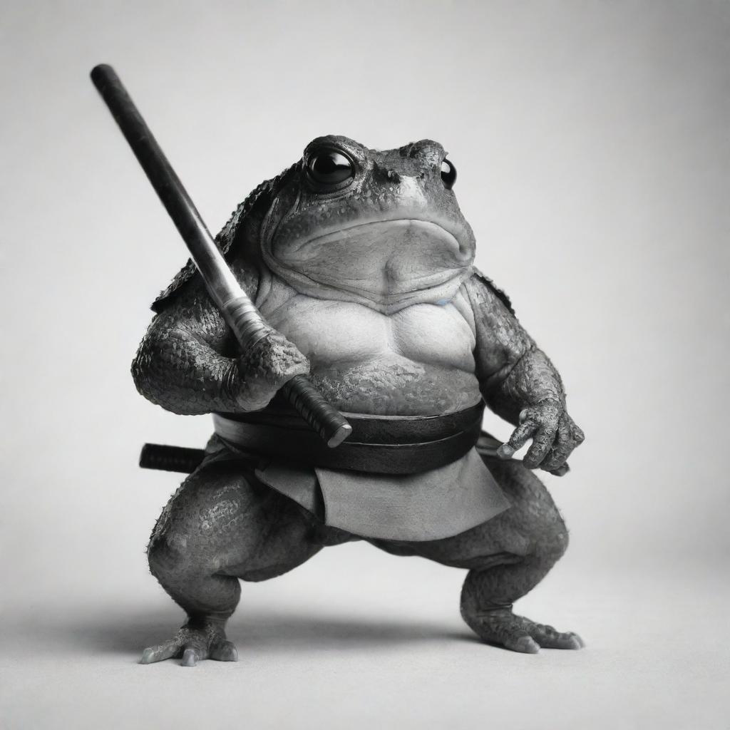 A one-eyed samurai toad in black and white, poised in a fighting stance with a traditional katana.