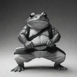 A one-eyed samurai toad in black and white, poised in a fighting stance with a traditional katana.