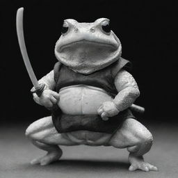 A one-eyed samurai toad in black and white, poised in a fighting stance with a traditional katana.