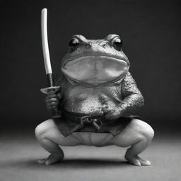 A one-eyed samurai toad in black and white, poised in a fighting stance with a traditional katana.