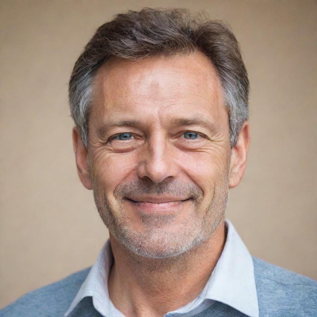 Portrait of a middle-aged man, with gentle eyes and a warm smile, dressed in casual attire.