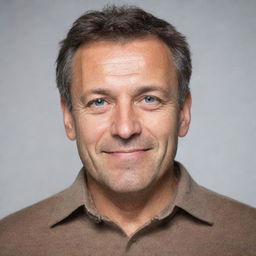 Portrait of a middle-aged man, with gentle eyes and a warm smile, dressed in casual attire.