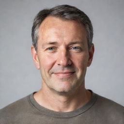 Portrait of a middle-aged man, with gentle eyes and a warm smile, dressed in casual attire.