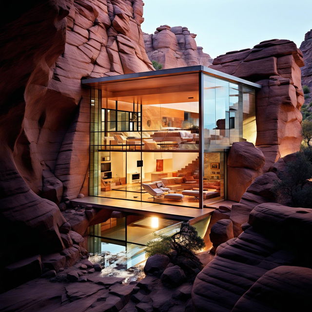 A glass house carved into a canyon wall, bathed in soft light during golden hour.