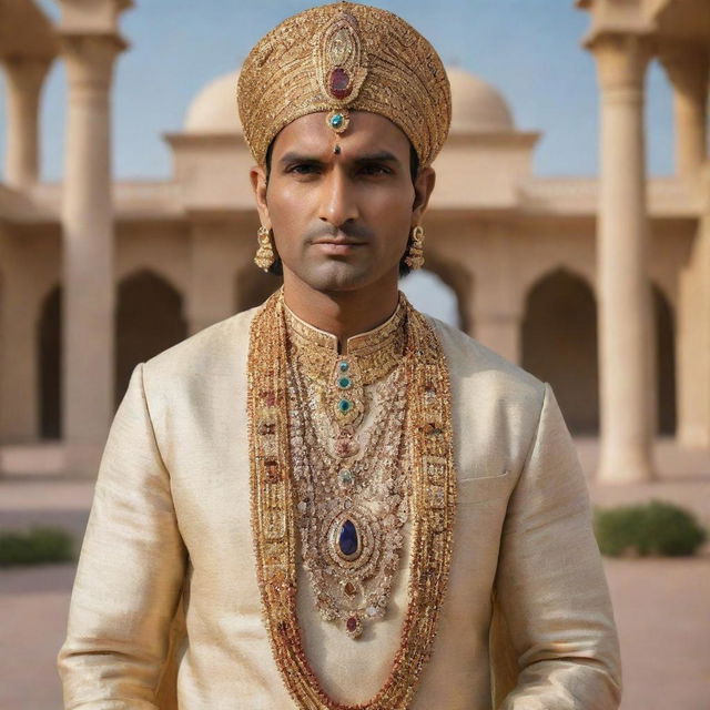 An Indian man from 3000 years ago, dressed in luxurious ancient Indian attire befitting a billionaire, adorned with gold and precious gemstones under a palatial backdrop.