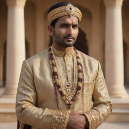 An Indian man from 3000 years ago, dressed in luxurious ancient Indian attire befitting a billionaire, adorned with gold and precious gemstones under a palatial backdrop.