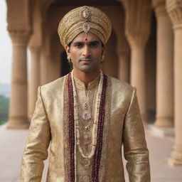 An Indian man from 3000 years ago, dressed in luxurious ancient Indian attire befitting a billionaire, adorned with gold and precious gemstones under a palatial backdrop.