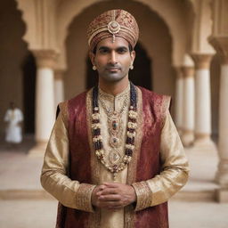 An Indian man from 3000 years ago, dressed in luxurious ancient Indian attire befitting a billionaire, adorned with gold and precious gemstones under a palatial backdrop.