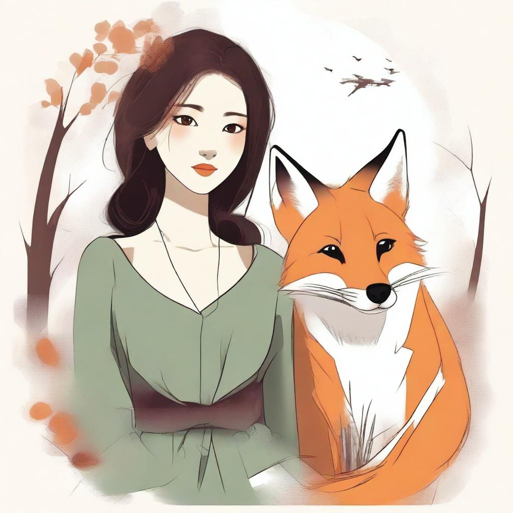 Generate an image of an attractive girl, styled in a tasteful and respectful manner, who is accompanied by a fox