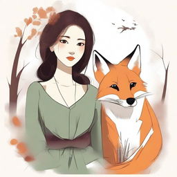 Generate an image of an attractive girl, styled in a tasteful and respectful manner, who is accompanied by a fox