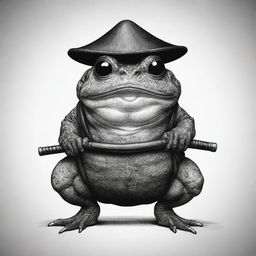 A black and white Japanese style illustration showcasing a one-eyed samurai toad to create a sleek, unique and dramatic image.