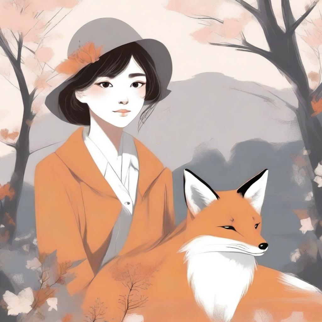 Generate an image of an attractive girl, styled in a tasteful and respectful manner, who is accompanied by a fox