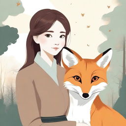 Generate an image of an attractive girl, styled in a tasteful and respectful manner, who is accompanied by a fox