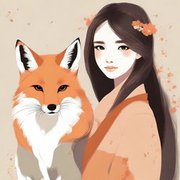 Generate an image of an attractive girl, styled in a tasteful and respectful manner, who is accompanied by a fox