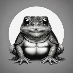 A black and white Japanese style illustration showcasing a one-eyed samurai toad to create a sleek, unique and dramatic image.