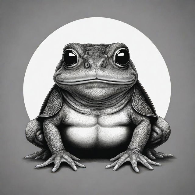 A black and white Japanese style illustration showcasing a one-eyed samurai toad to create a sleek, unique and dramatic image.