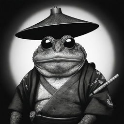 A black and white Japanese style illustration showcasing a one-eyed samurai toad to create a sleek, unique and dramatic image.