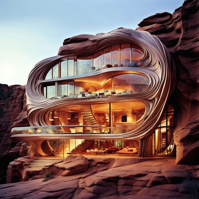 A curvaceous glass house, intricately detailed, carved into the canyon wall, bathed in soft golden hour light.