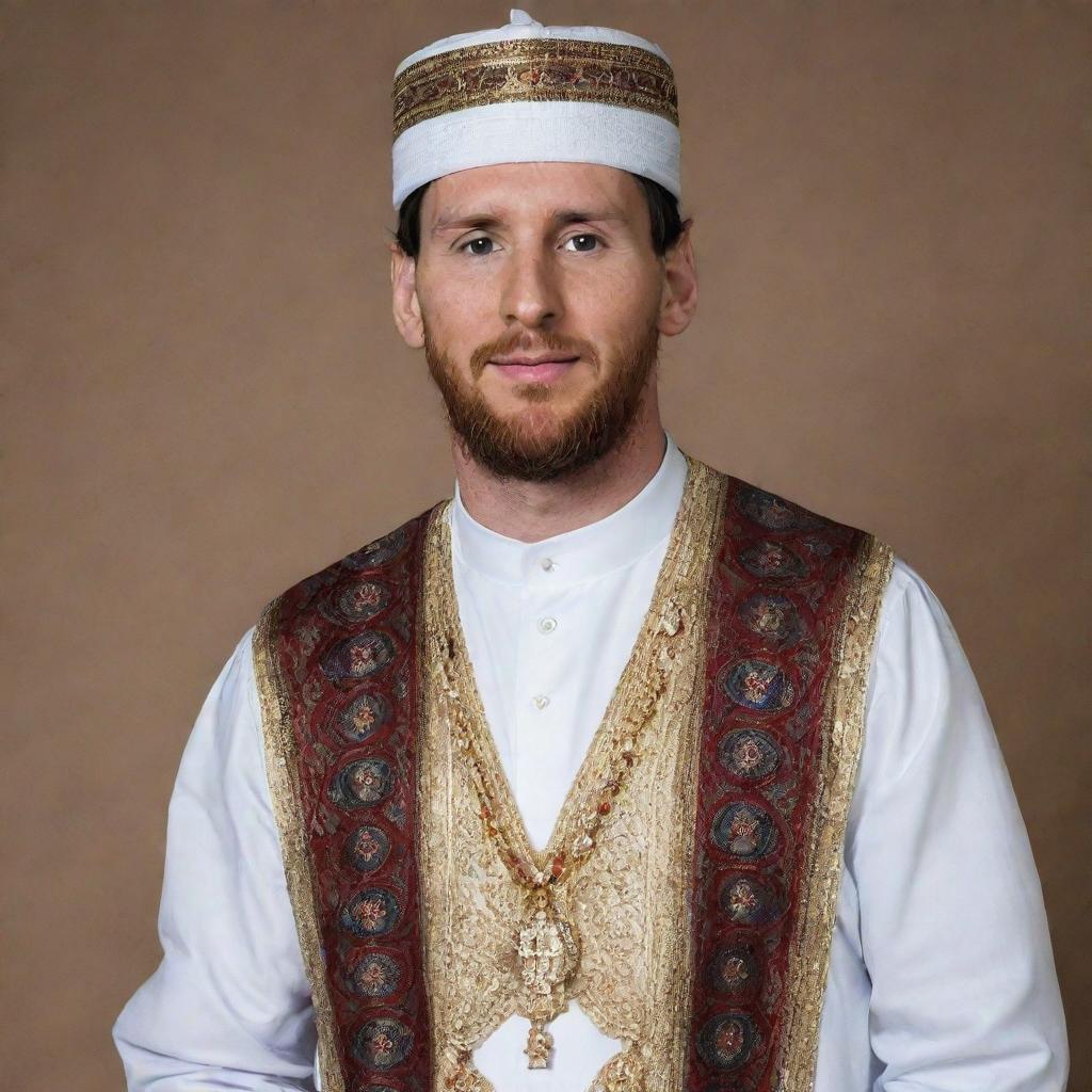 Lionel Messi portrayed in a traditional Muslim attire, honouring Islamic culture while maintaining his distinguishing features.