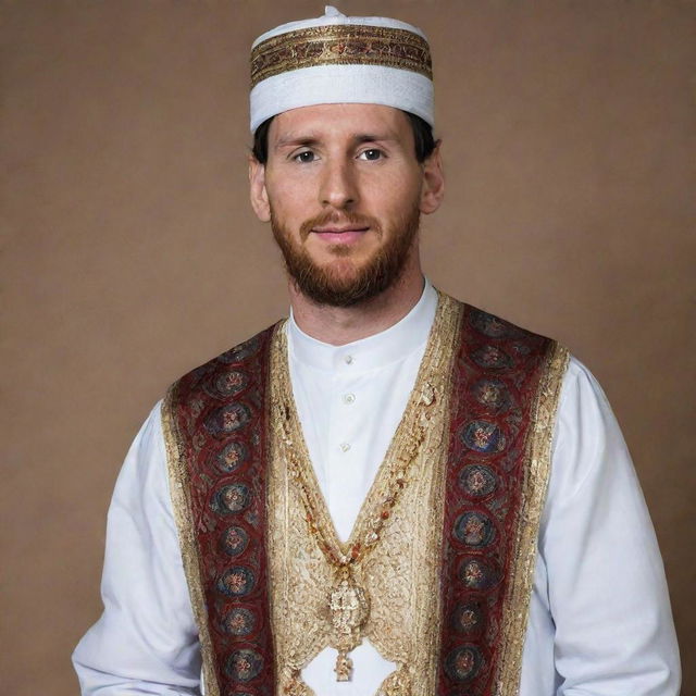 Lionel Messi portrayed in a traditional Muslim attire, honouring Islamic culture while maintaining his distinguishing features.