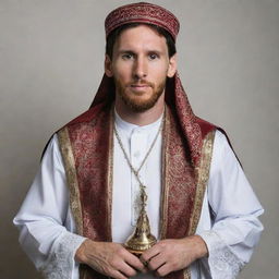 Lionel Messi portrayed in a traditional Muslim attire, honouring Islamic culture while maintaining his distinguishing features.